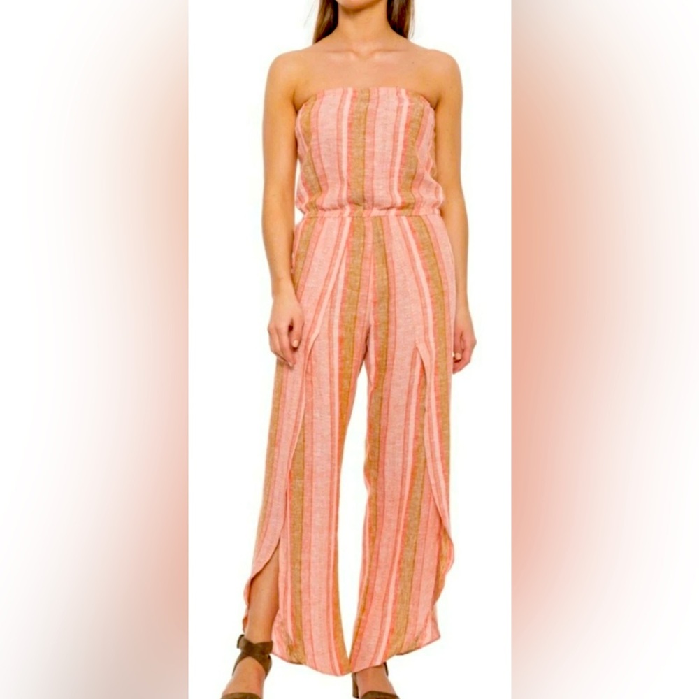 Drew Linen Blend Striped Strapless Tulip Slit Jumpsuit,Size-XS